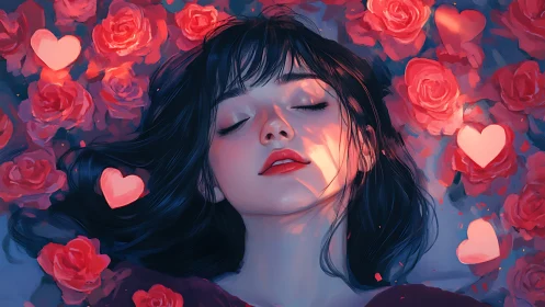 Serene Woman Surrounded by Glowing Red Roses and Hearts.