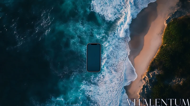 Smartphone floats over aerial shoreline with teal surf.