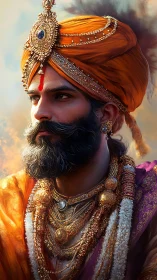 Regal Indian maharaja portrait in ornate jeweled turban