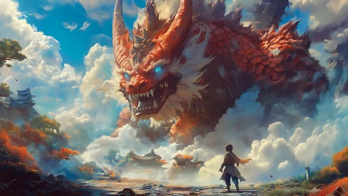 Colossal red dragon confronting lone child in luminous sky realm