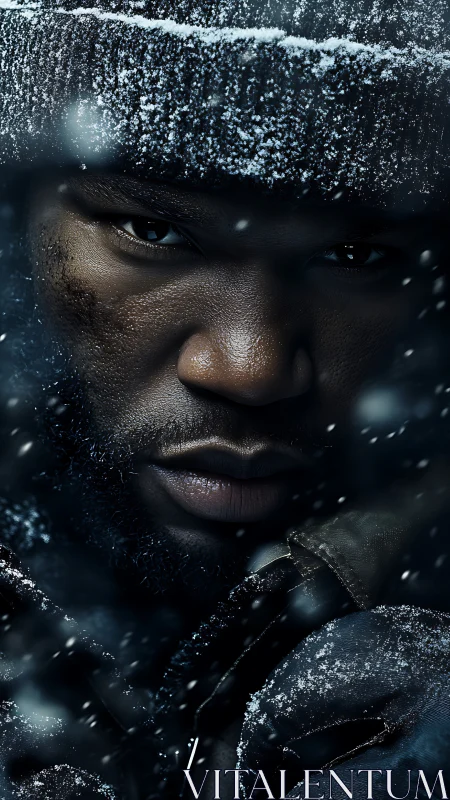 Intense winter portrait with snow-dusted face and beanie.