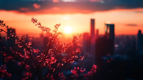 Sunlit cherry blossoms against glowing urban skyline.