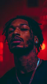 Portrait of man in red and blue neon studio lighting.