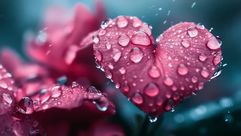 Macro photography of magenta flower petals with crystalline water droplets under teal ambient lighti