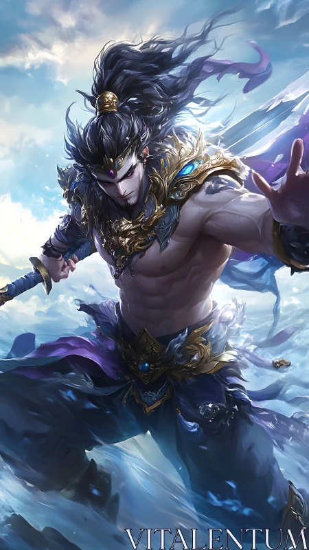 Stormforged sea warrior poised between sky and waves.