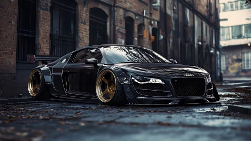 Lowered black Audi R8 dominates wet urban alleyway scene