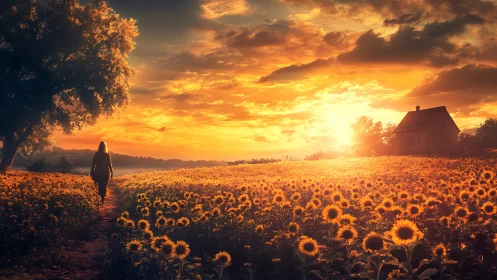 Sunlit sunflower path leads toward a glowing country sunset.
