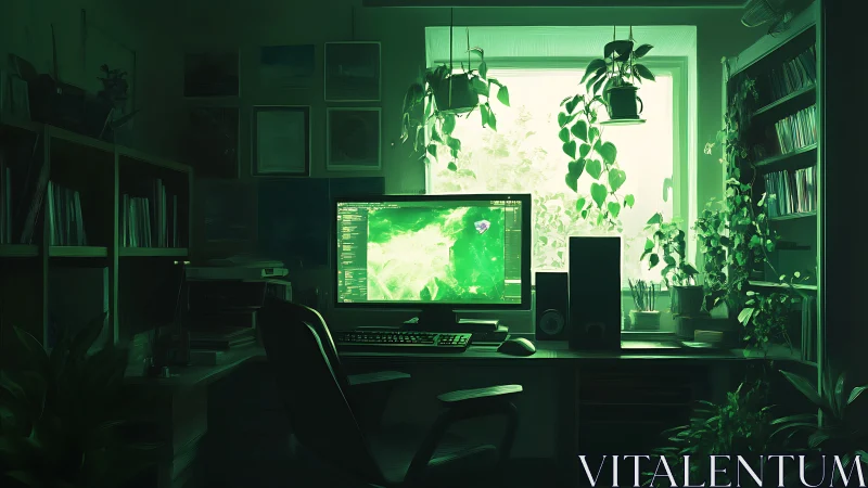 Computer workstation is situated in a plant-filled home office