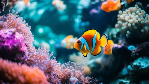 Clownfish swimming among bright corals in clear reef water.