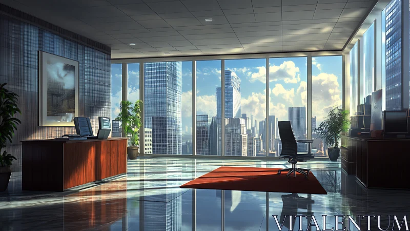 Sunlit corner office quietly crowns the glassy city skyline