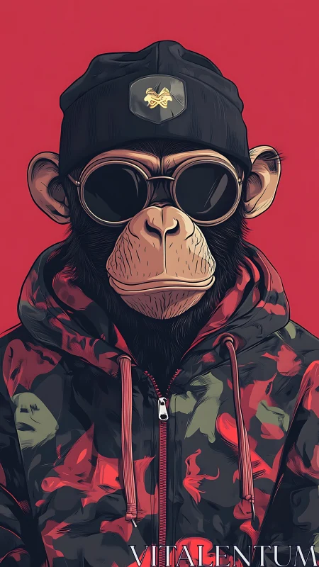Streetwise chimp portrait in bold red urban camouflage.