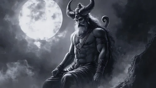 Horned mythic warrior seated under full moonlight.