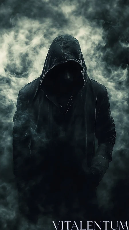 Mysterious hooded figure emerging from swirling shadows.