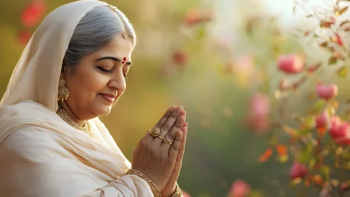 Elderly Indian Woman in Traditional Attire Praying Outdoors, Soft Light.