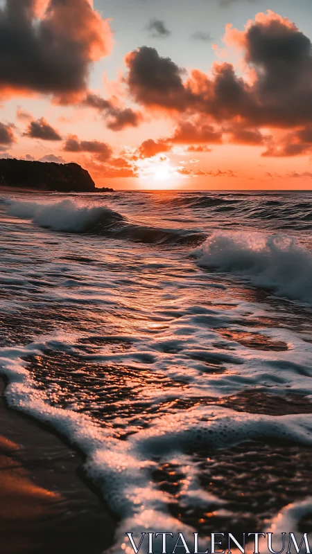 Low-angle seascape captures glowing sunset on wind-driven surf