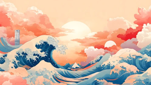 Dual-sun atmospheric seascape with stylized spectral waves.