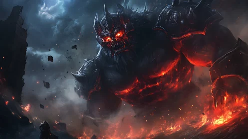 Towering lava demon strides through a storm of fire and ash.