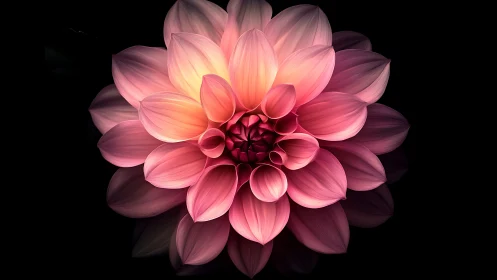 Glowing Pink Dahlia Flower Blooming Against Black.