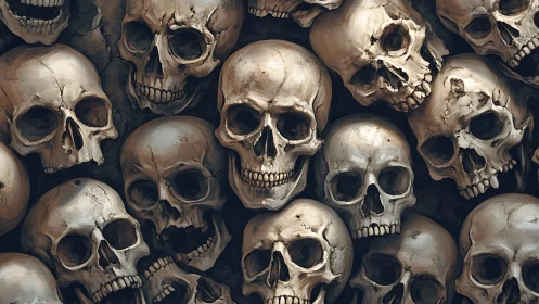 Dense anatomical skull cluster rendered with chiaroscuro lighting