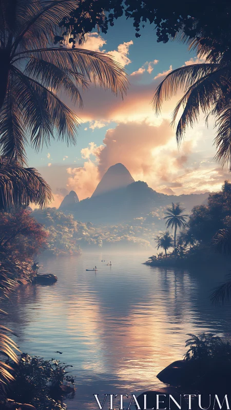 Sunlit tropical river valley under misty mountain peaks.