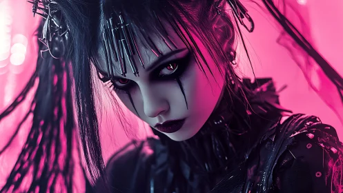 Neon goth huntress gazes through spiked cyberpunk twilight.