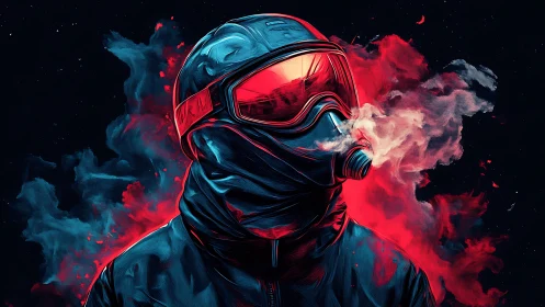 Gas-masked figure in neon red vapor with high-contrast lighting effects