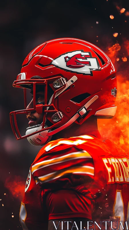 Kansas City football player in profile with fiery backdrop.