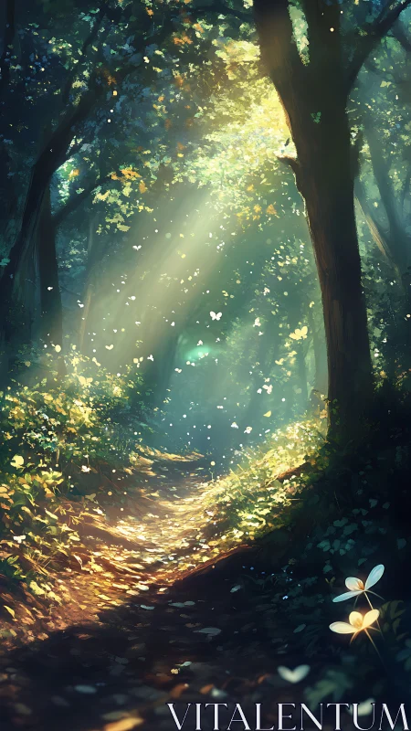 Luminescent forest pathway bathed in golden light.