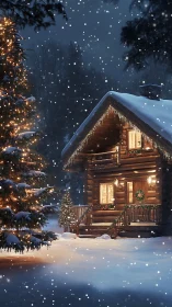 Snowy log cabin at night with Christmas lights glowing.