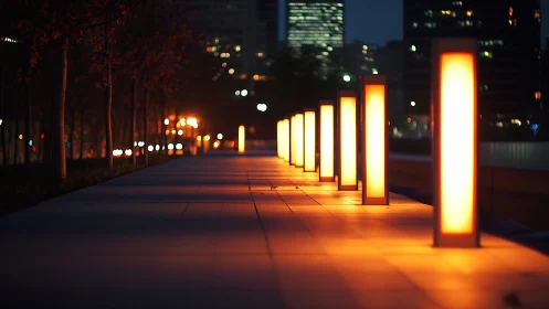 Urban promenade illuminated by linear amber light columns.