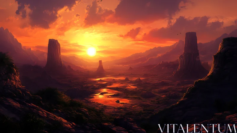 Sunlit desert canyon with mesas under blazing sunset sky.