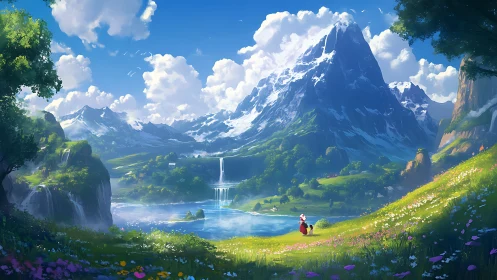 Expansive alpine valley landscape includes figures and waterfalls