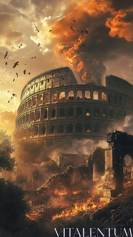 Colosseum engulfed in apocalyptic inferno under volcanic sky