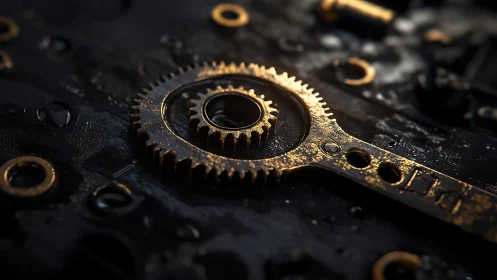 Golden gearwork resting in a dark, quietly gleaming frame.