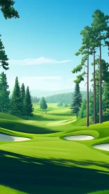 Sunlit fairways drift through towering pine guardians.