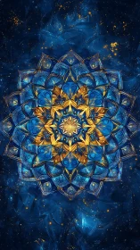 Golden blue mandala radiates over deep cosmic background.