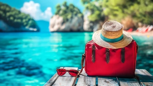 Red travel bag with hat on pier beside clear blue water.