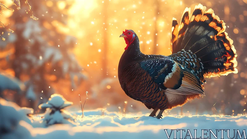 Wild turkey positioned in snowy landscape with golden ambient lighting