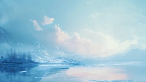 Frozen lake landscape under soft blue and pink sky.