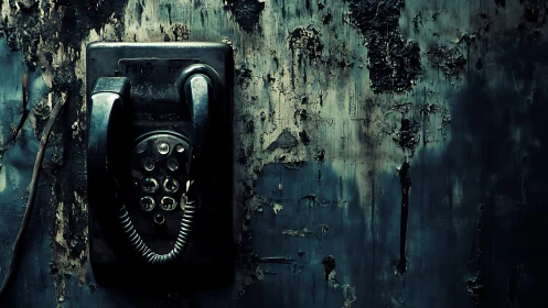 Decaying wall phone under moody teal low-key lighting.