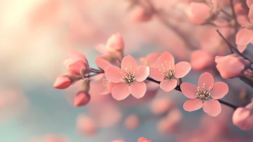 Pink flowering branches with shallow depth of field focus