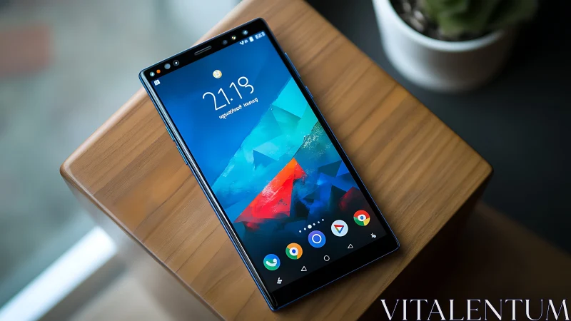 Android Smartphone on Wooden Desk with Blue Geometric Wallpaper