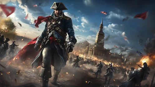 Revolutionary commander strides through burning battlefield storm.