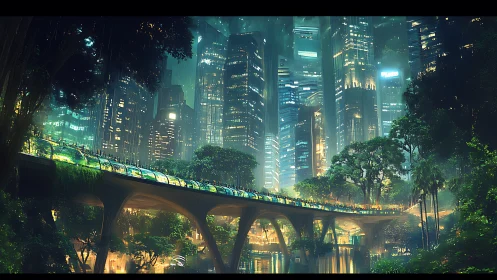 High-density biophilic megacity skyline integrates elevated transit greenway