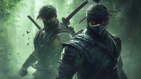 Two cyber ninjas prowl a misty forest in glowing-eyed silence