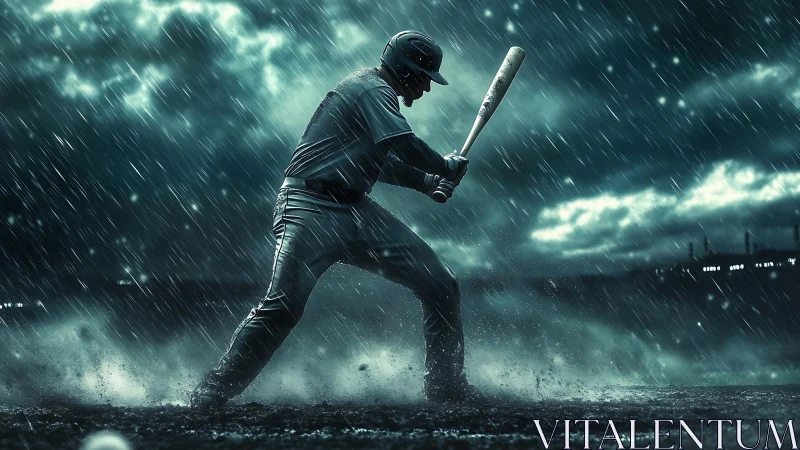 Storm-lit baseball batter silhouette under dynamic rainfall field.