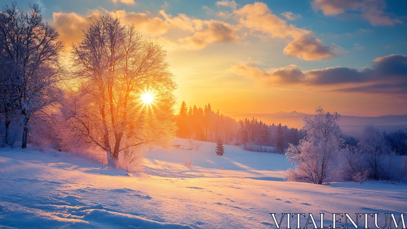 Winter sunrise over snowy forest and open meadow.