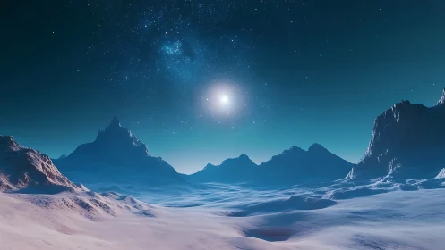 Distant icy landscape under bright star and night sky.