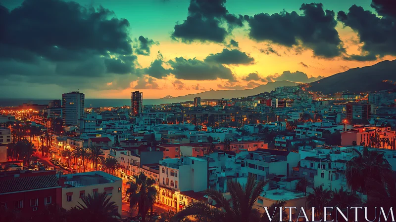 Sunset city lights glow softly beneath dramatic clouds