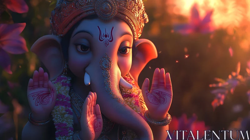 Digital rendering of Ganesh figure with raised hands gesture.